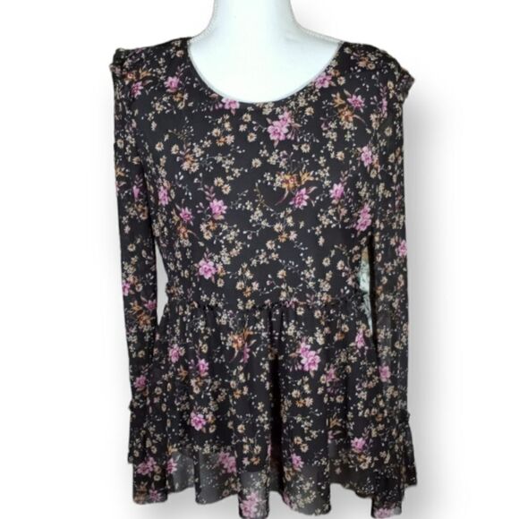 BLACK & PINK FLORAL BOHO-INSPIRED TOP SZ.M EUC - Picture 1 of 3